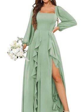 Sage Green Square Neck Ruffle Maxi Dress